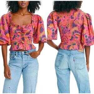 Love The Label Faye Smocked Square Neck Crop Top Women's Molly Pink Size: Small